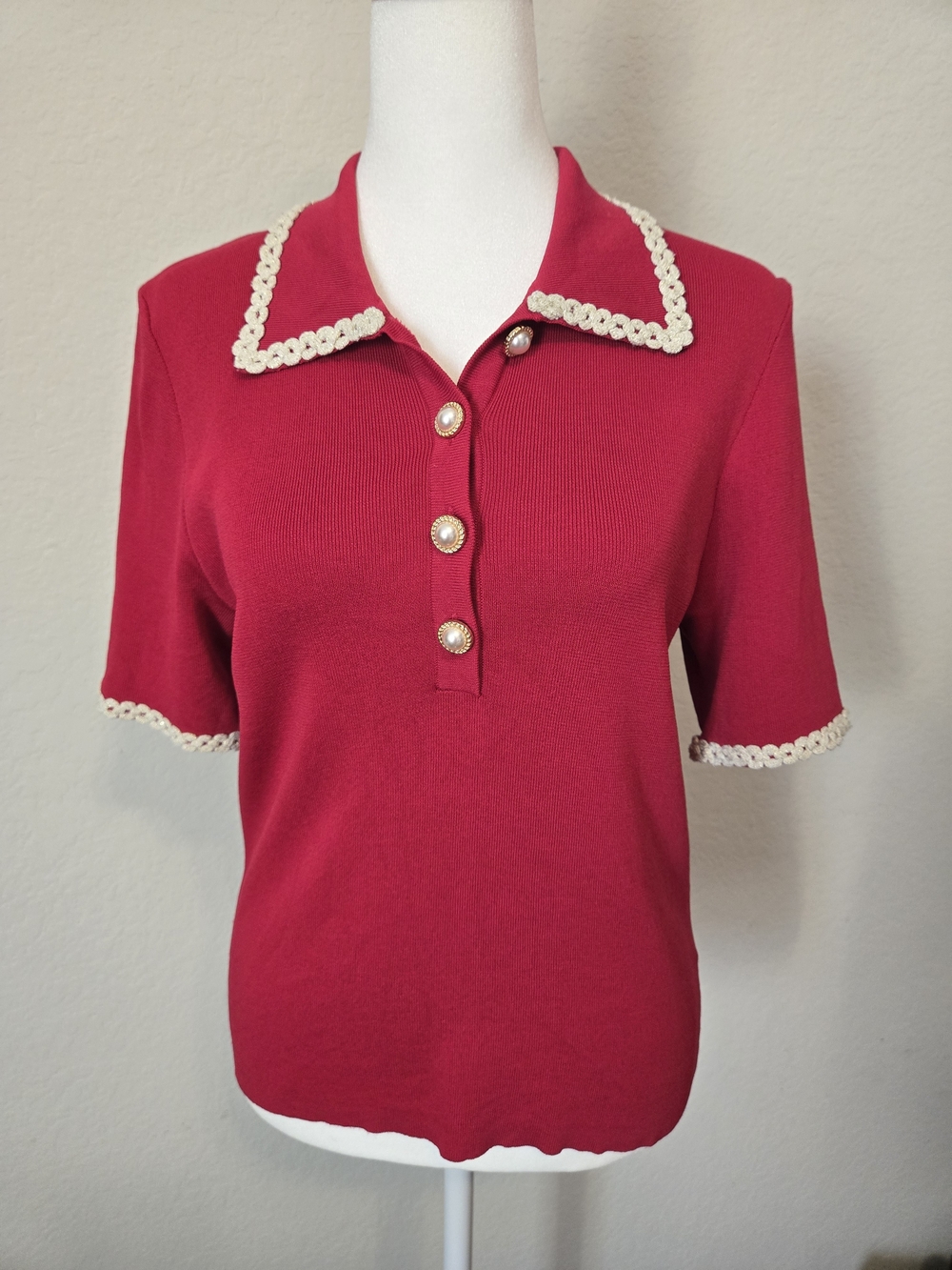 Alexia Admor Red Knit Polo Top with Cream Trim